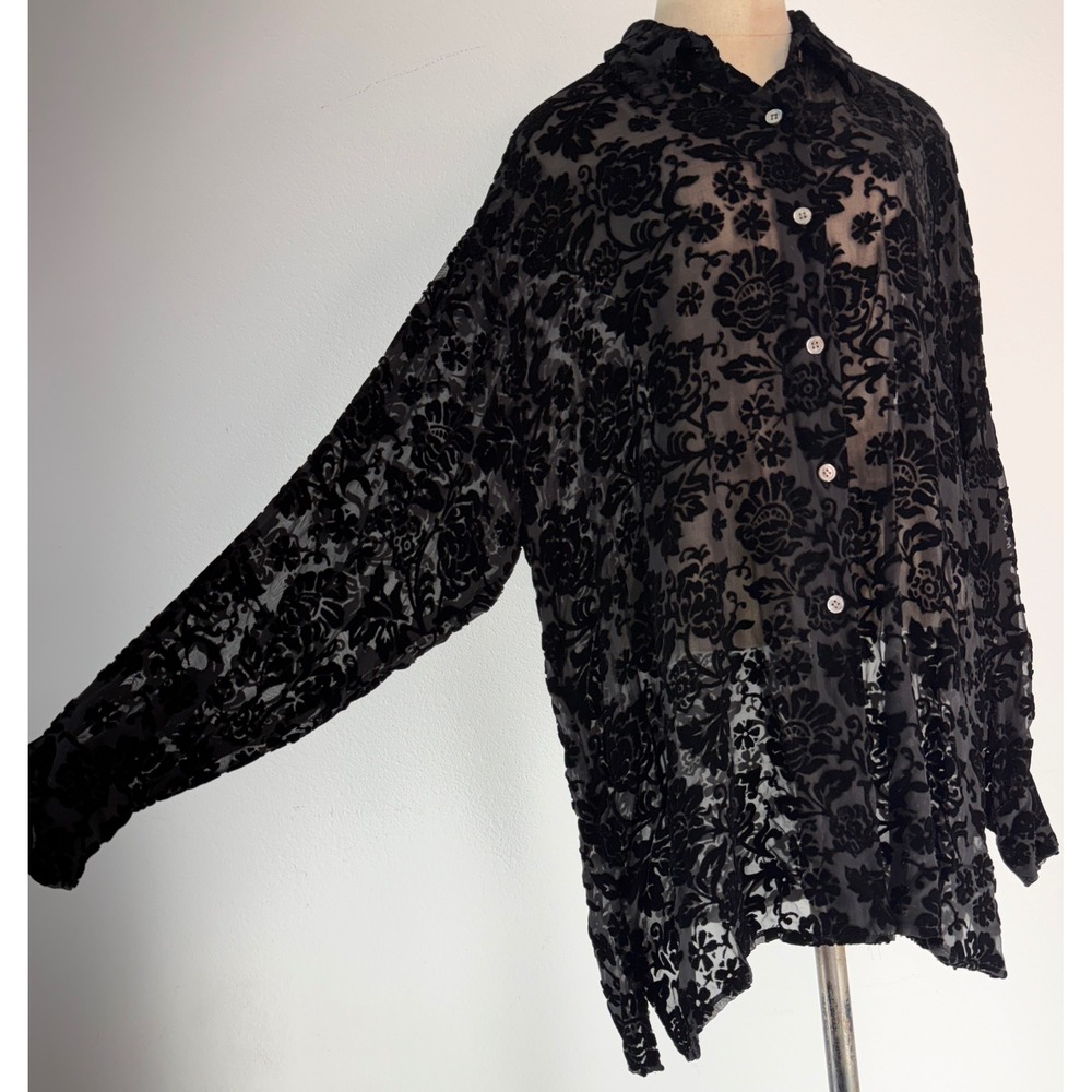 VTG 90s Ann Taylor Black Velvet Burnout Button Front Top Whimsigoth Fairy Grunge - Picture 3 of 8